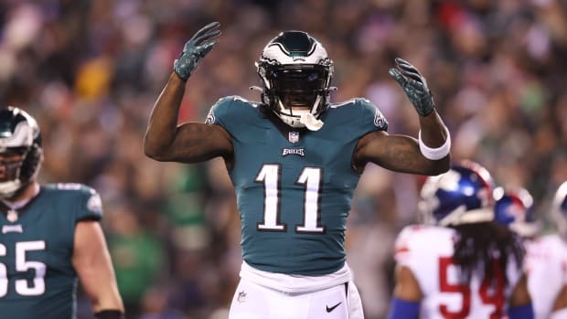 Philadelphia Eagles wide receiver A.J. Brown (11) reacts against the New York Giants during an NFC divisional round game at Lincoln Financial Field.